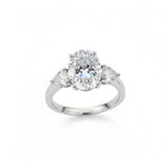 Anel Moissanite Oval 3 Pedras, Prata 925 com Ródio, 3,7ct e 9,6ct, Laterais em Gota, Certificado D VVS1