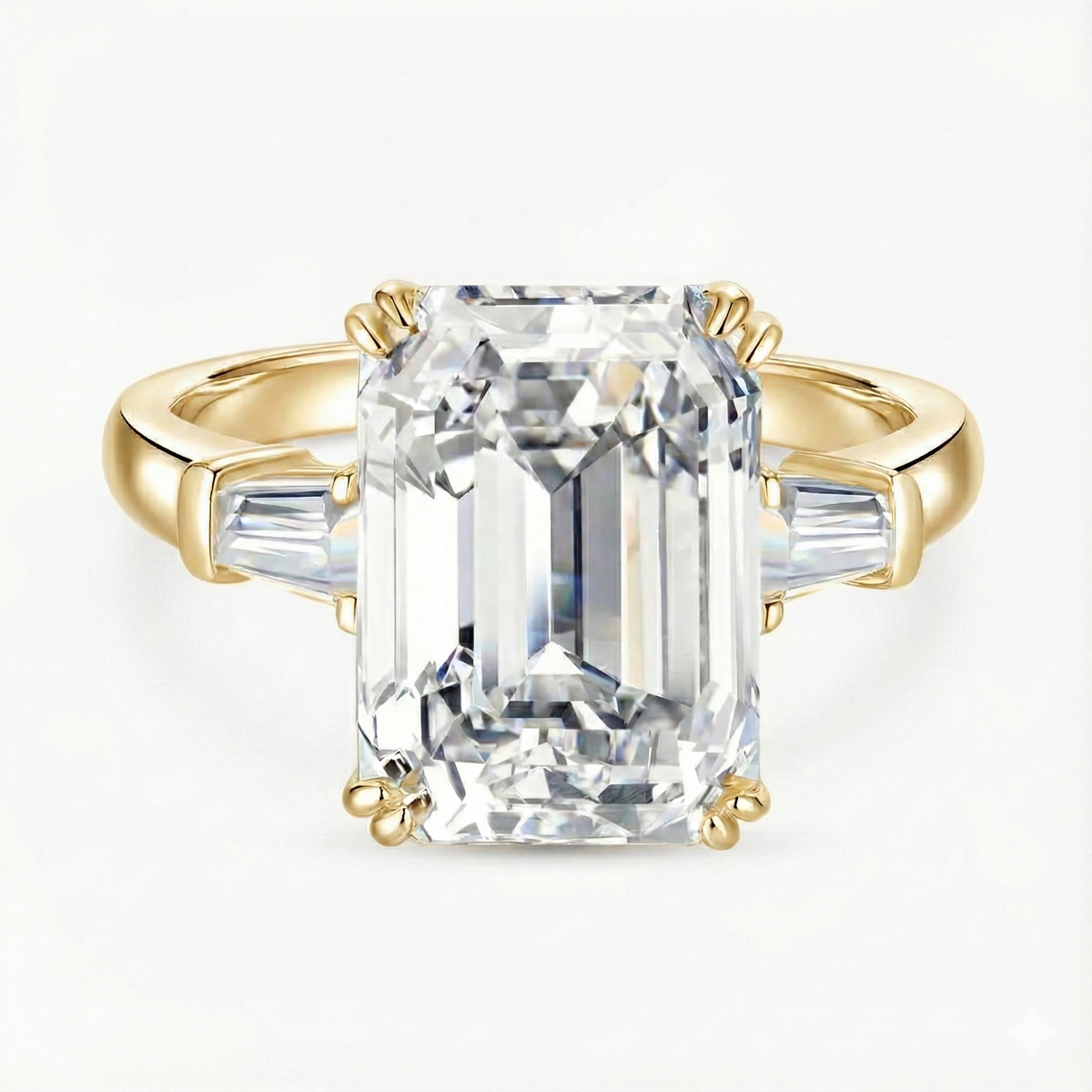 Anel de Moissanite em Prata 925 com Banho de Ouro 14k - Lapidação Emerald 10 Quilates (10×14mm) e Moissanite Cor D VVS1 Certificada