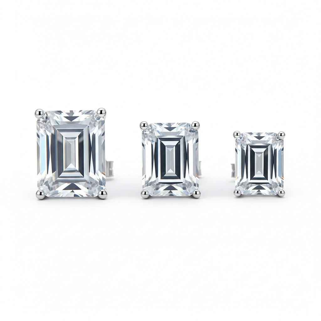 Brinco Moissanite Corte Esmeralda 925 com Banho de Ouro Branco 18k - 0,5ct, 1ct e 2ct, VVS1 Certificado