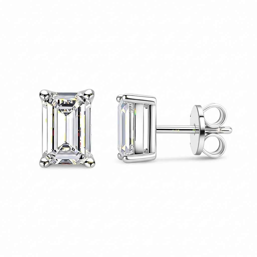 Brinco Moissanite Corte Esmeralda 925 com Banho de Ouro Branco 18k - 0,5ct, 1ct e 2ct, VVS1 Certificado