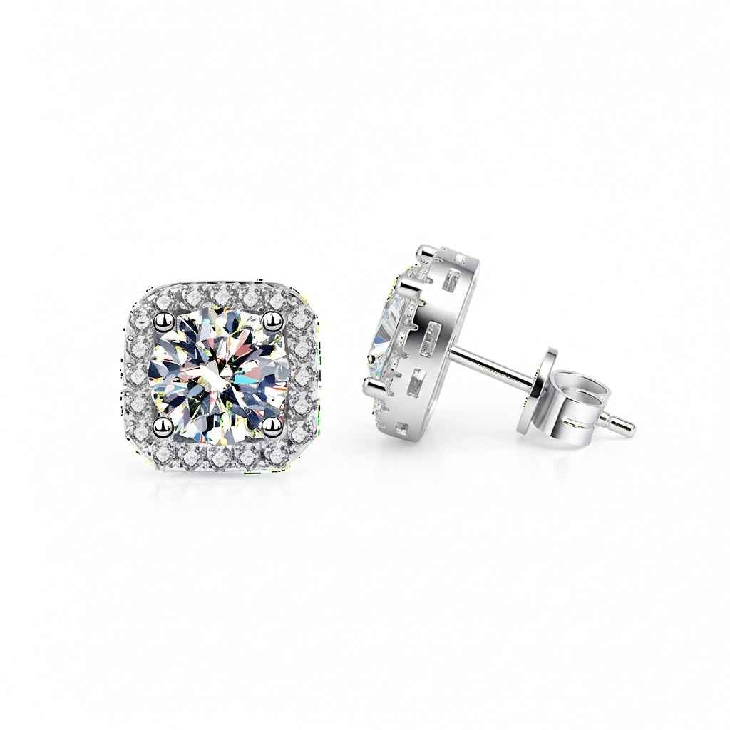 Brinco Moissanite Prata 925 Cushion de 0,5ct ou 1ct com Banho de Ouro Branco 18k - Moissanite Cor D VVS1 Certificada