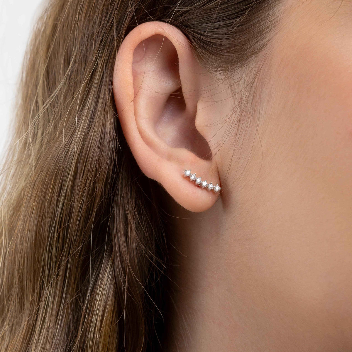 Brinco Moissanite Prata 925 com 0,2ct de Moissanite Brilhante - Curva de Luz, 6 Pedras, Ródio, Cor D VVS1 Certificada