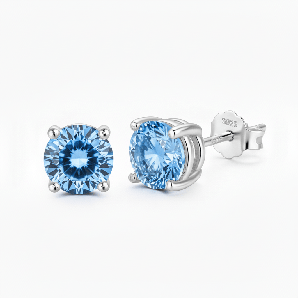 Brinco Ponto de Luz de Moissanite Colorida Azul Brilhante, 0,3ct (4mm) • 0,5ct (5mm) • 1ct (6,5mm) • 2ct (8mm), Prata 925 com Ródio, Moissanite Cor D VVS1 Certificada - Monlí