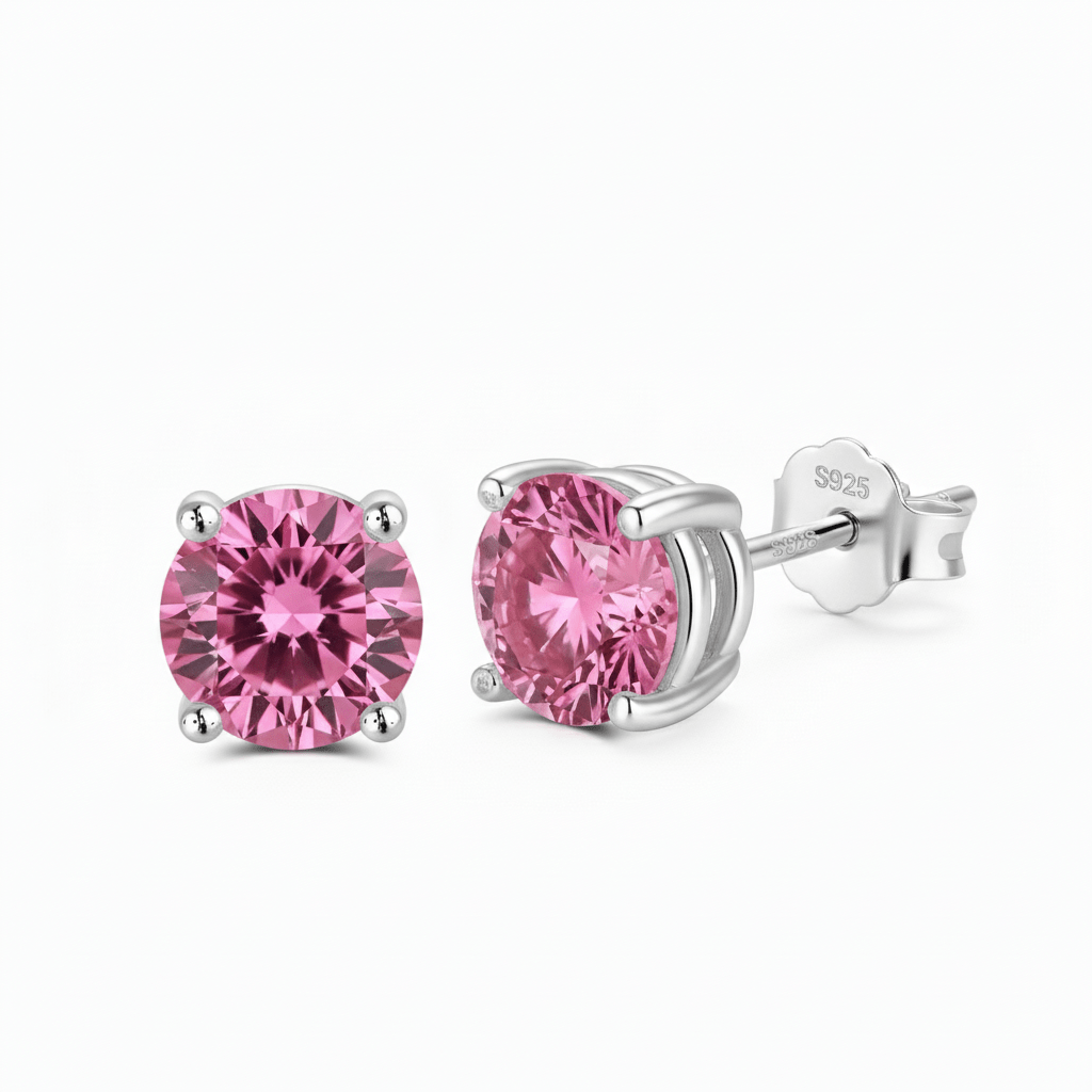 Brinco Ponto de Luz de Moissanite Colorida Rosa Brilhante, 0,3ct (4mm) • 0,5ct (5mm) • 1ct (6,5mm) • 2ct (8mm), Prata 925 com Ródio, Moissanite Cor D VVS1 Certificada - Monlí