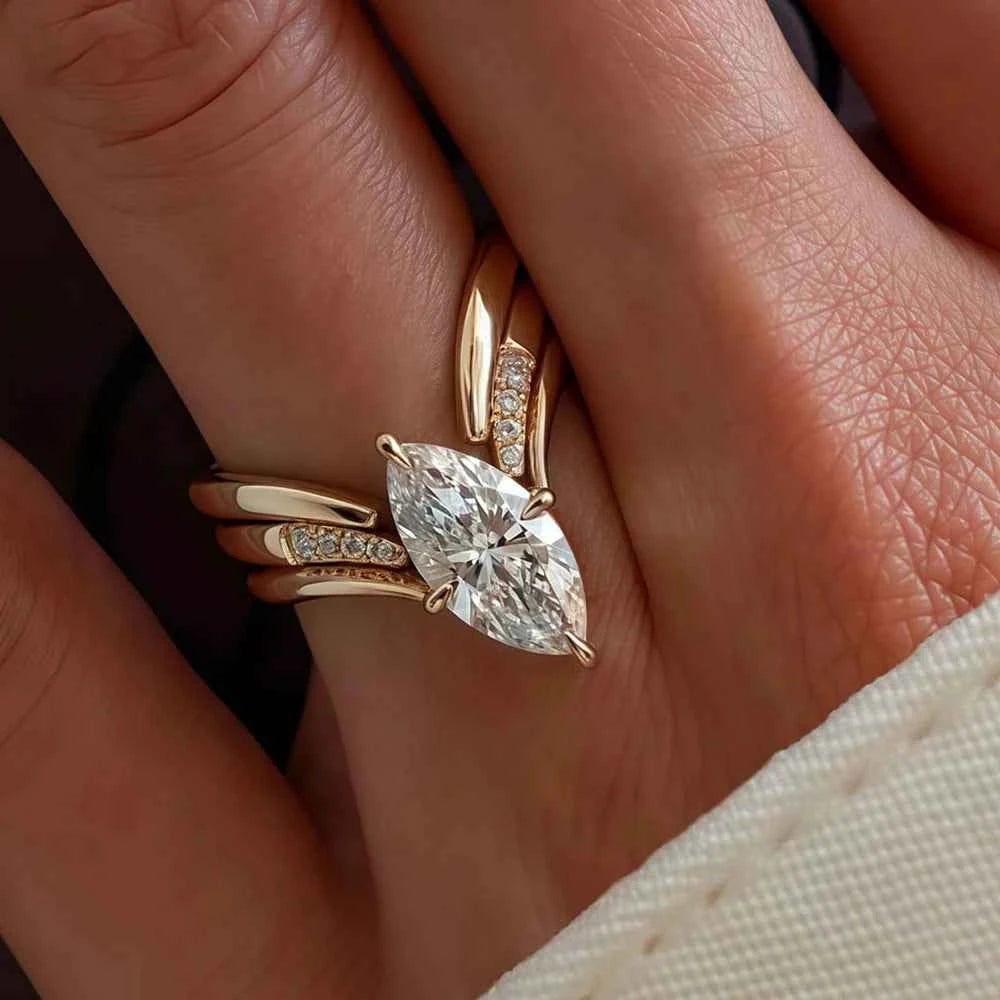 Conjunto de Anéis de Moissanite Marquise / Navette 3 Peças em Prata 925 com Banho de Ouro 18k, Moissanite Cor D VVS1 Certificada — Monlí