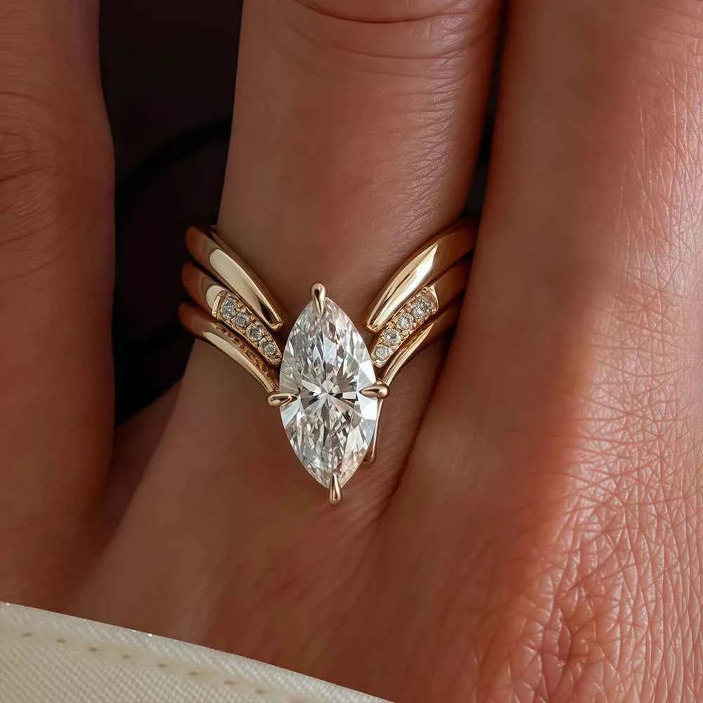 Conjunto de Anéis de Moissanite Marquise / Navette 3 Peças em Prata 925 com Banho de Ouro 18k, Moissanite Cor D VVS1 Certificada — Monlí