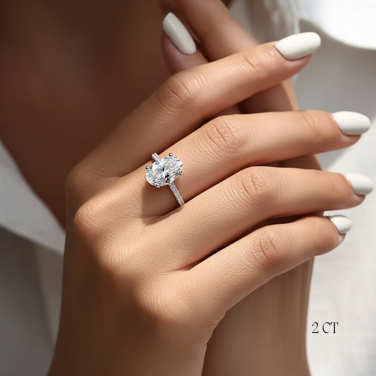 Anel Solitário Moissanite 925 Oval Cravejado, 1ct 2ct 3ct, Prata 925 com Ródio Branco, Moissanite Cor D VVS1 Certificada