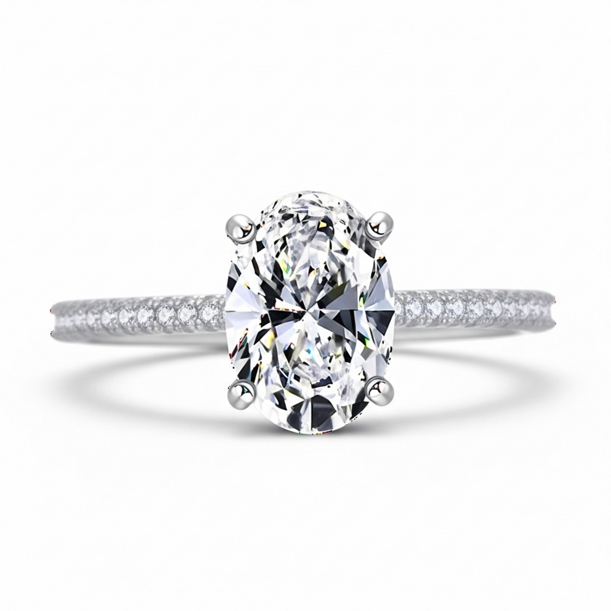 Anel Solitário Moissanite 925 Oval Cravejado, 1ct 2ct 3ct, Prata 925 com Ródio Branco, Moissanite Cor D VVS1 Certificada