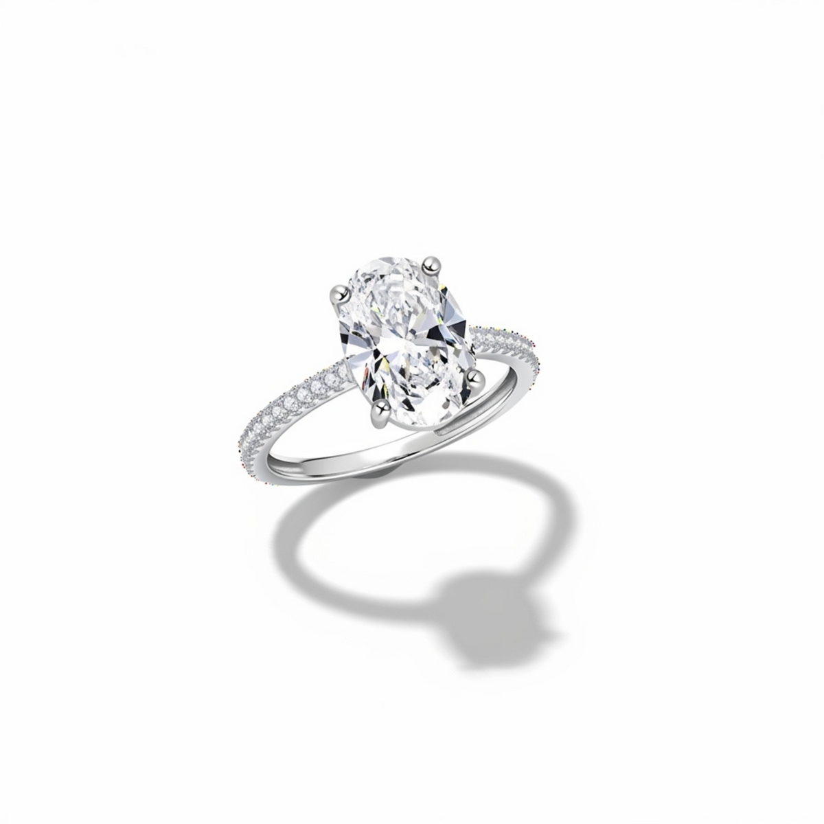 Anel Solitário Moissanite Oval Cravejado, 1ct 2ct 3ct, Prata 925 com Ródio Branco, Moissanite Cor D VVS1 Certificada - Monlí