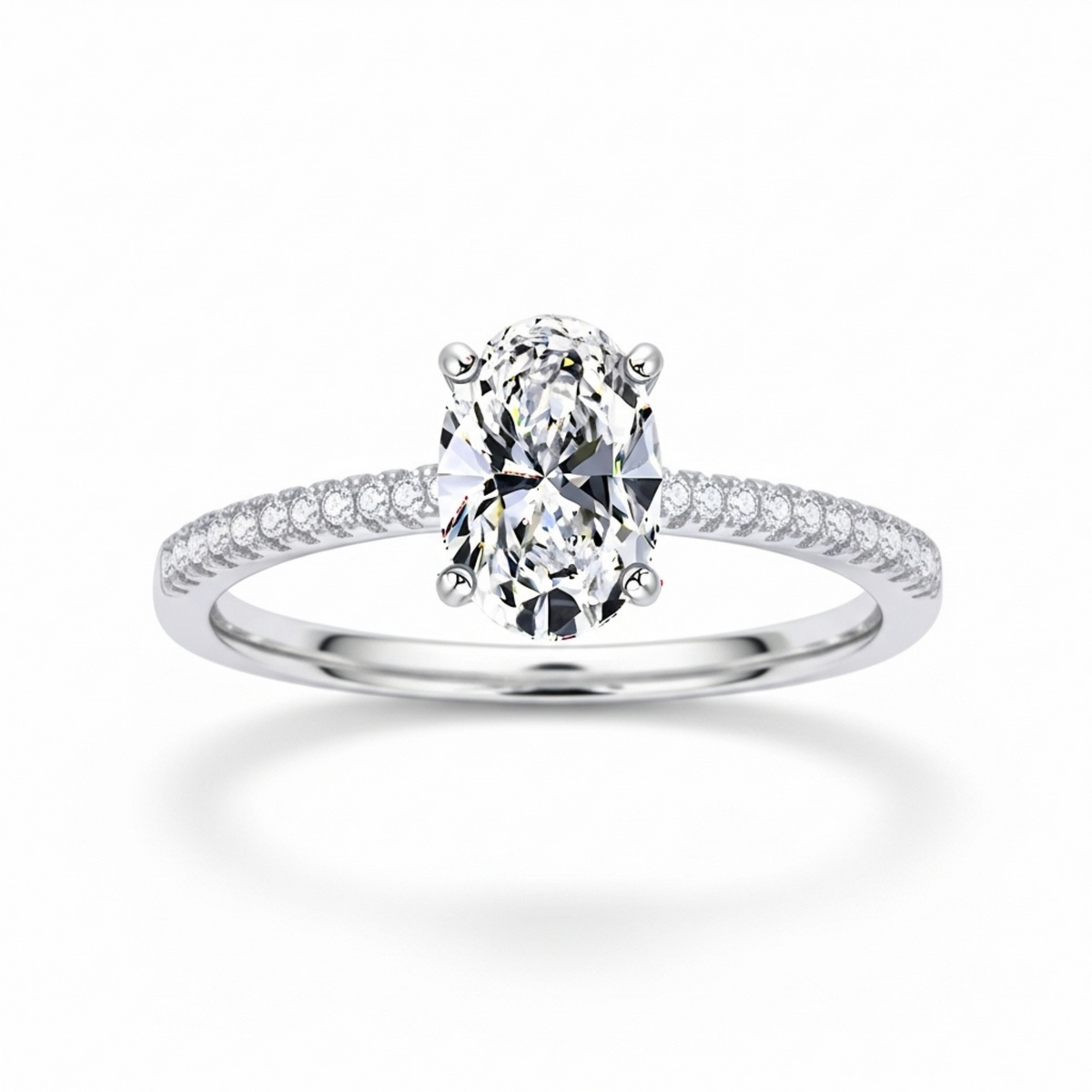 Anel Solitário Moissanite 925 Oval Cravejado, 1ct 2ct 3ct, Prata 925 com Ródio Branco, Moissanite Cor D VVS1 Certificada
