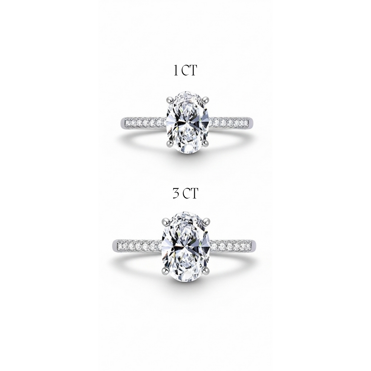 Anel Solitário Moissanite 925 Oval Cravejado, 1ct 2ct 3ct, Prata 925 com Ródio Branco, Moissanite Cor D VVS1 Certificada