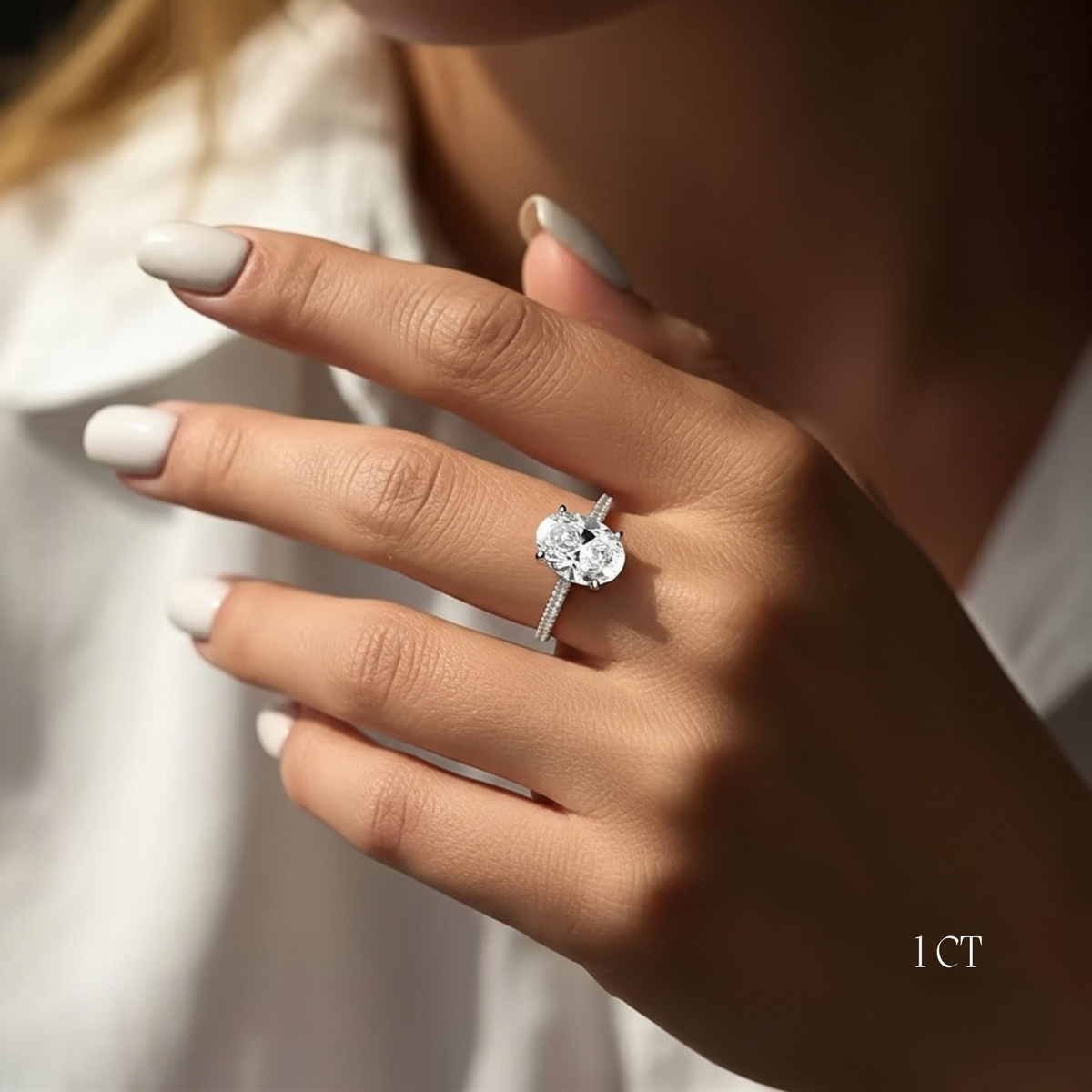 Anel Solitário Moissanite 925 Oval Cravejado, 1ct 2ct 3ct, Prata 925 com Ródio Branco, Moissanite Cor D VVS1 Certificada