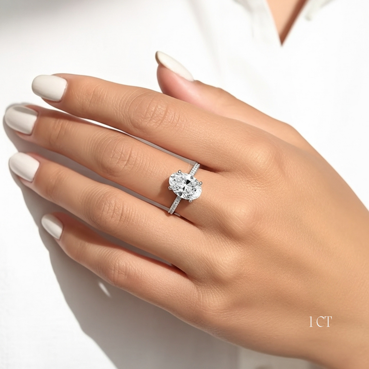 Anel Solitário Moissanite 925 Oval Cravejado, 1ct 2ct 3ct, Prata 925 com Ródio Branco, Moissanite Cor D VVS1 Certificada