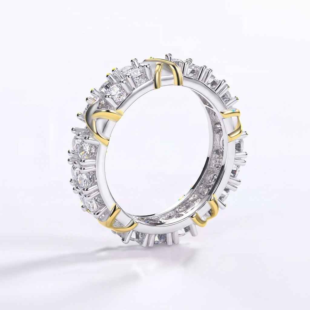 Anel Cravejado Moissanite 18k - Eternity com 15 Pedras de 0,1ct em Prata 925 com Banho de Ouro Branco 18k, Moissanite Cor D VVS1 Certificada