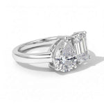 Anel Duas Pedras Moissanite Gota e Esmeralda, Toi Et Moi, 2ct • 4ct • 5ct em Prata 925 com Ródio, Moissanite Cor D VVS1 Certificada