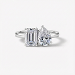 Anel Duas Pedras Moissanite Gota e Esmeralda, Toi Et Moi, 2ct • 4ct • 5ct em Prata 925 com Ródio, Moissanite Cor D VVS1 Certificada