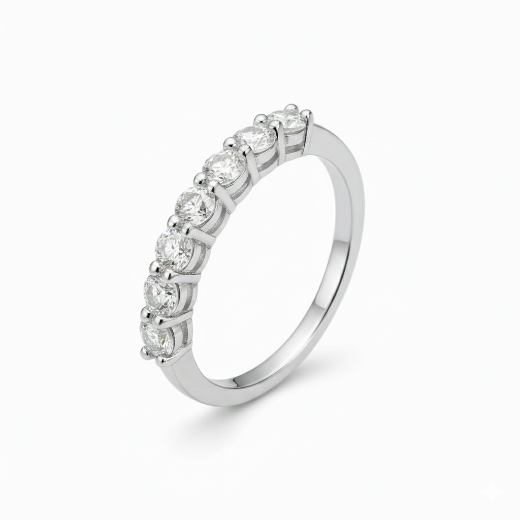 Anel Meia Aliança Moissanite 3mm 7 Pedras - 0.7ct – Prata 925 Banhada a Ouro Branco – Monlí