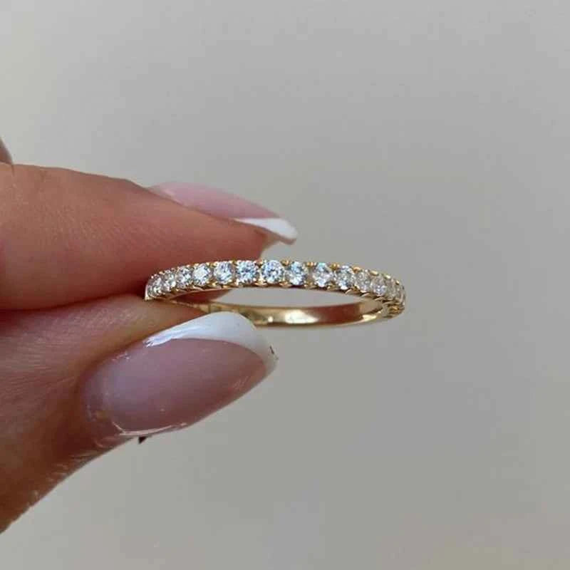 Anel Meia Aliança Moissanite Prata 925 Banhado a Ouro 18K Anel de Luxo Feminino