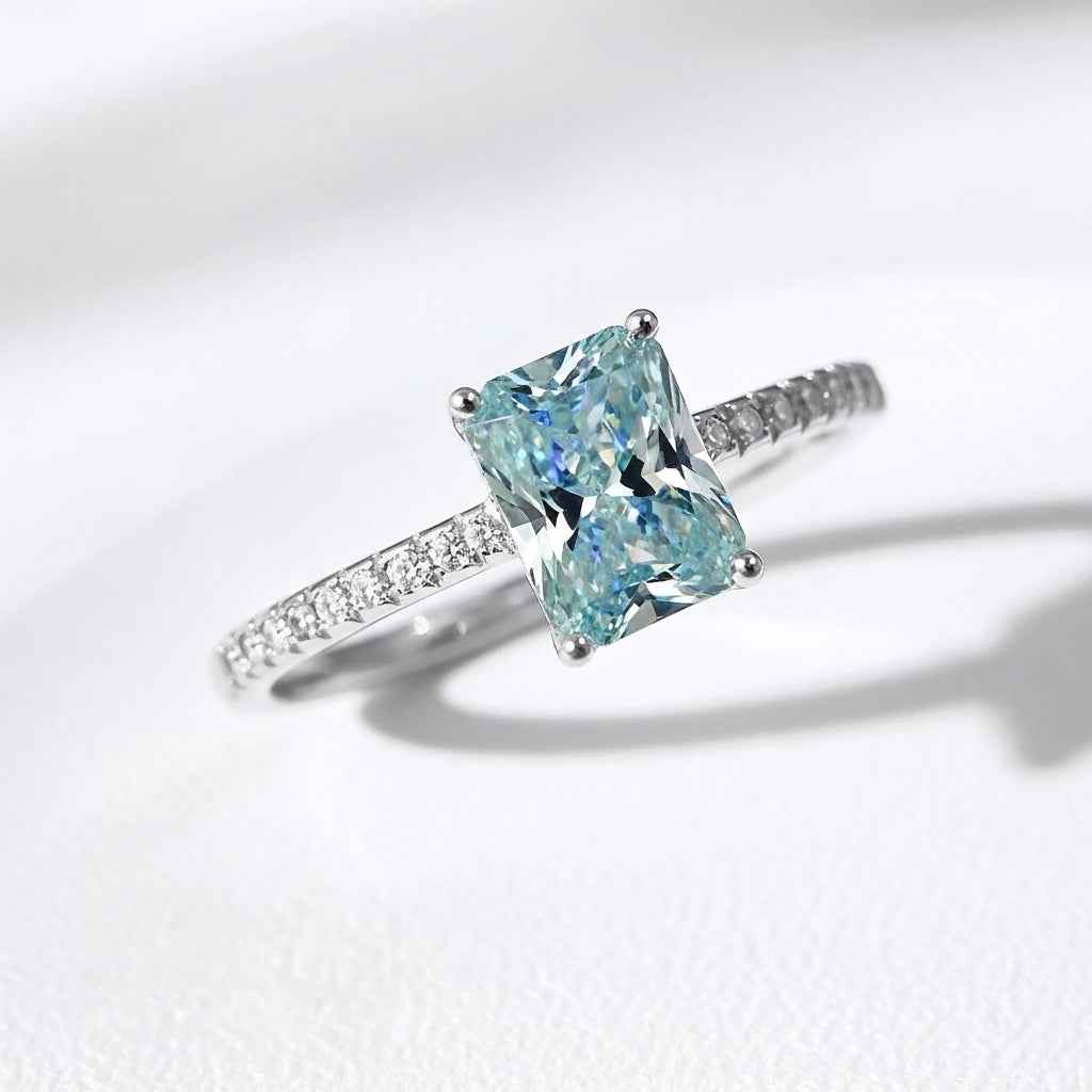 Anel Moissanite Azul 1ct 2ct Lapidação Princesa em Prata 925 com Ródio e Moissanite Cor D VVS1 Certificada