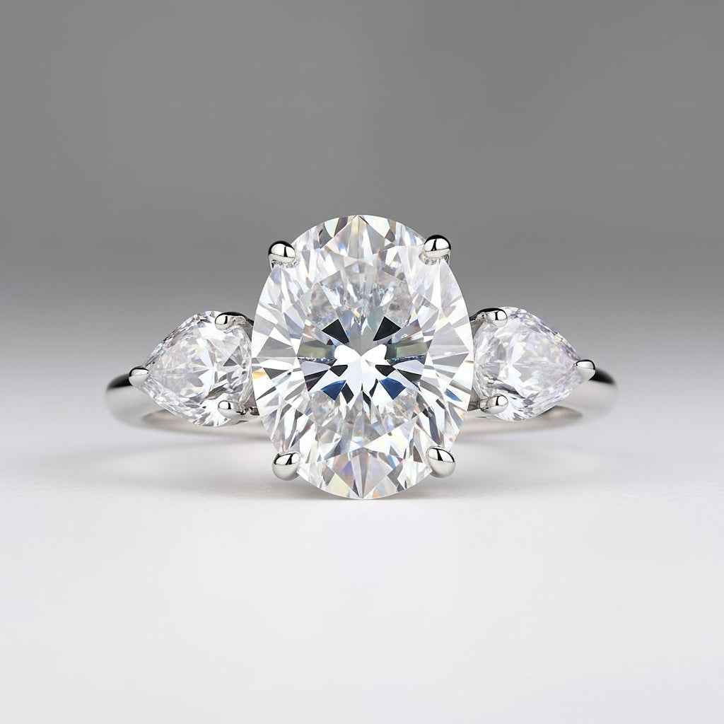 Anel Moissanite Oval 3 Pedras, Prata 925 com Ródio, 3,7ct e 9,6ct, Laterais em Gota, Certificado D VVS1