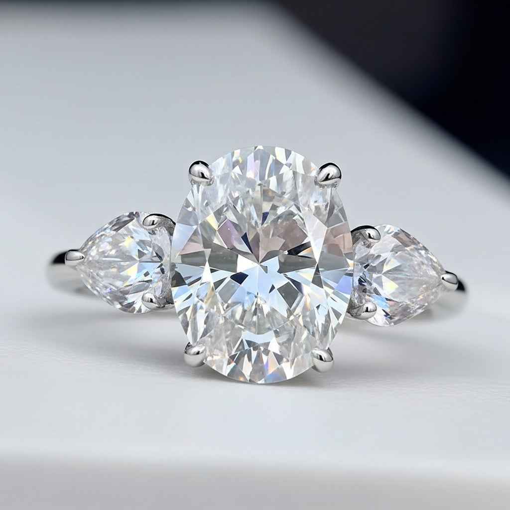 Anel Moissanite Oval 3 Pedras, Prata 925 com Ródio, 3,7ct e 9,6ct, Laterais em Gota, Certificado D VVS1