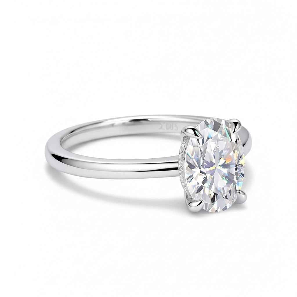 Anel Oval Solitário Moissanite com Halo Oculto, 1ct a 3ct, Prata 925 com Ródio, Certificado Cor D VVS1