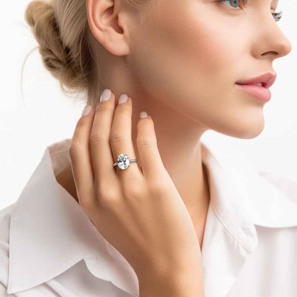 Anel Oval Solitário Moissanite com Halo Oculto, 1ct a 3ct, Prata 925 com Ródio, Certificado Cor D VVS1