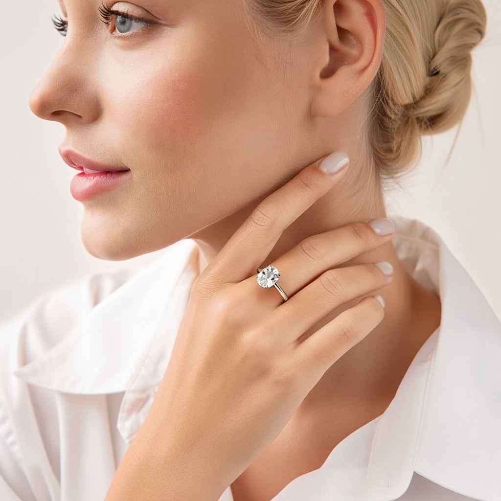 Anel Oval Solitário Moissanite com Halo Oculto, 1ct a 3ct, Prata 925 com Ródio, Certificado Cor D VVS1