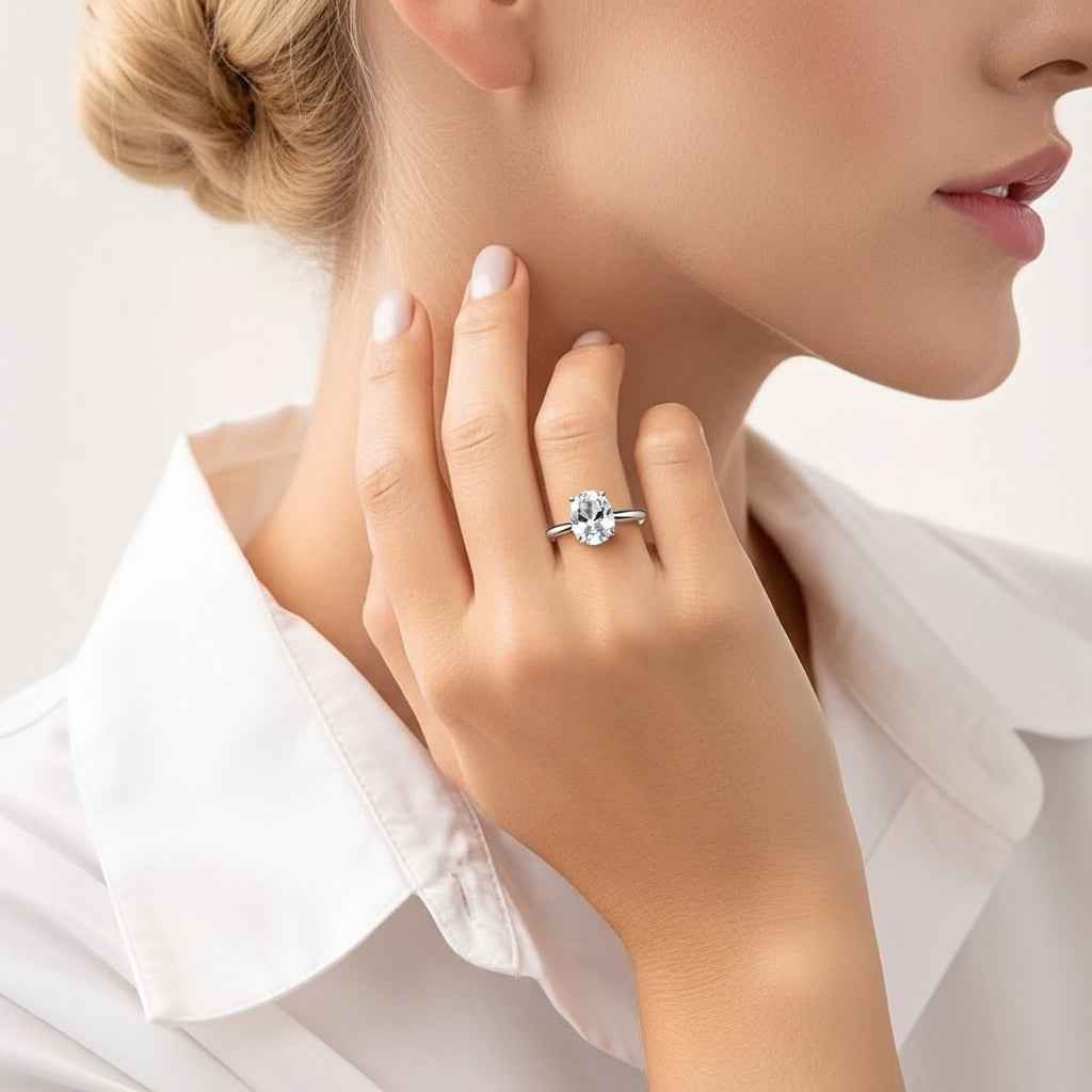 Anel Oval Solitário Moissanite com Halo Oculto, 1ct a 3ct, Prata 925 com Ródio, Certificado Cor D VVS1