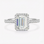 Anel Solitário Halo Moissanite Corte Esmeralda 1 e 2 Quilates Cravejado em Prata 925 com Ródio e Moissanite Cor D VVS1 Certificada