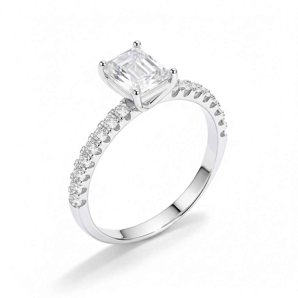 Anel Solitário Moissanite 1ct 2ct Cravejado, Prata 925 com Banho de Ouro Branco 18k, Corte Emerald, Moissanite Cor D VVS1 Certificada