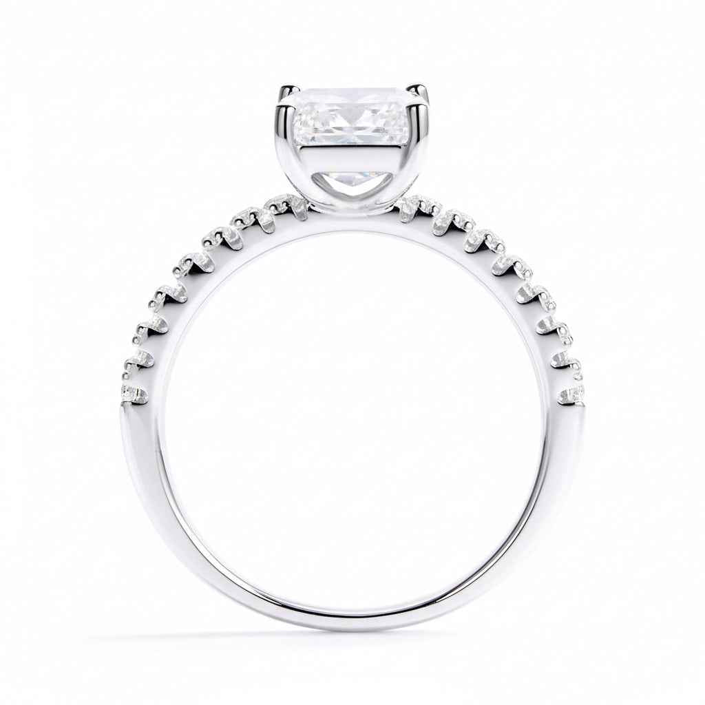 Anel Solitário Moissanite 1ct 2ct Cravejado, Prata 925 com Banho de Ouro Branco 18k, Corte Emerald, Moissanite Cor D VVS1 Certificada