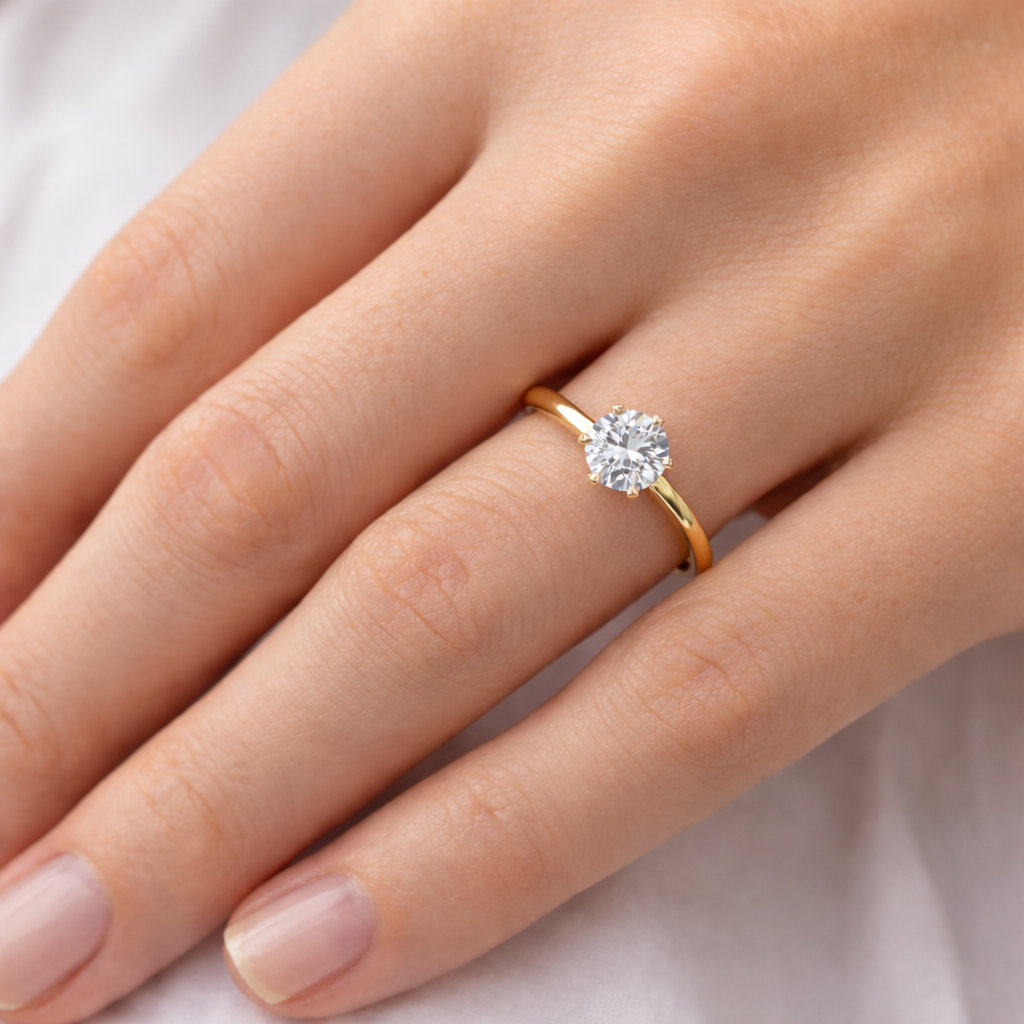 Anel Solitário Moissanite 925 Brilhante 0,5ct a 3ct em Prata 925 com Banho de Ouro Amarelo 18k e Certificação VVS1