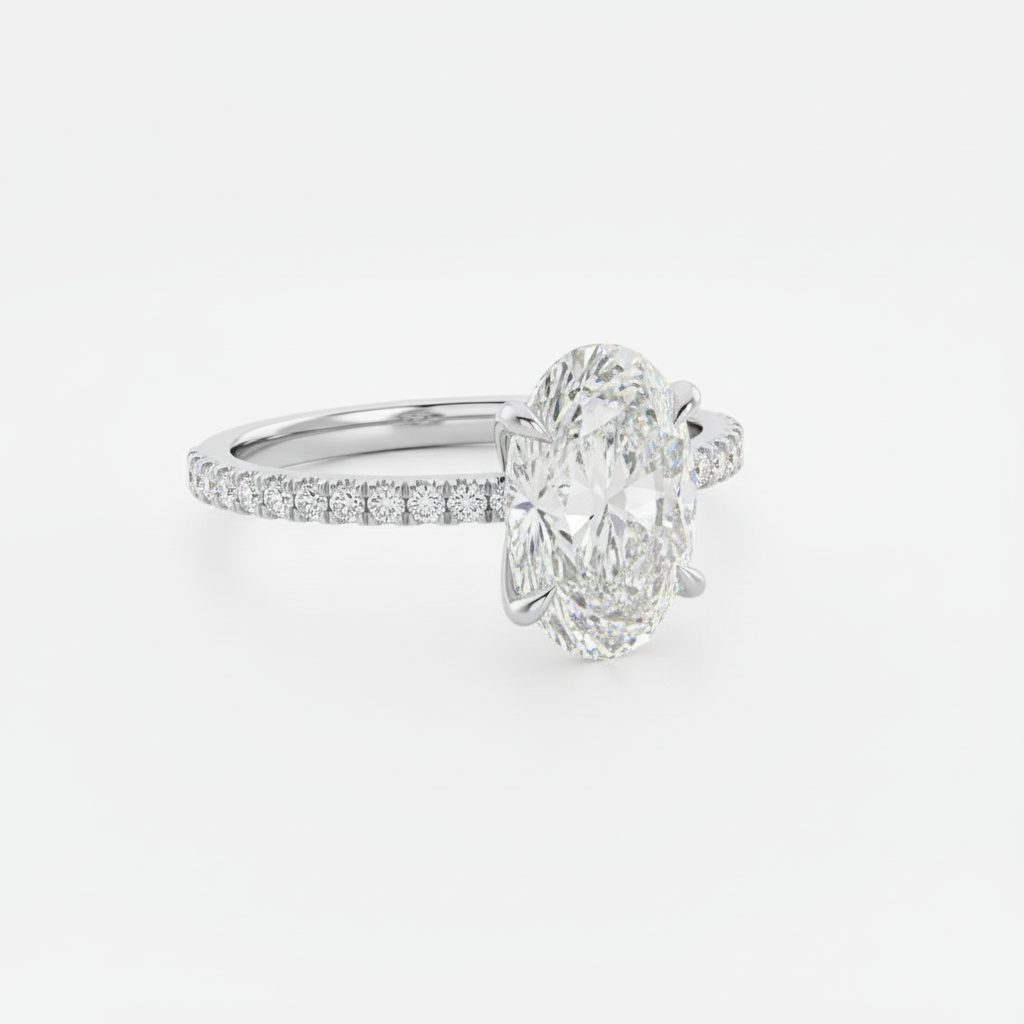 Anel Solitário Moissanite 925 Oval Cravejado, 1ct 2ct 3ct, Prata 925 com Ródio Branco, Moissanite Cor D VVS1 Certificada