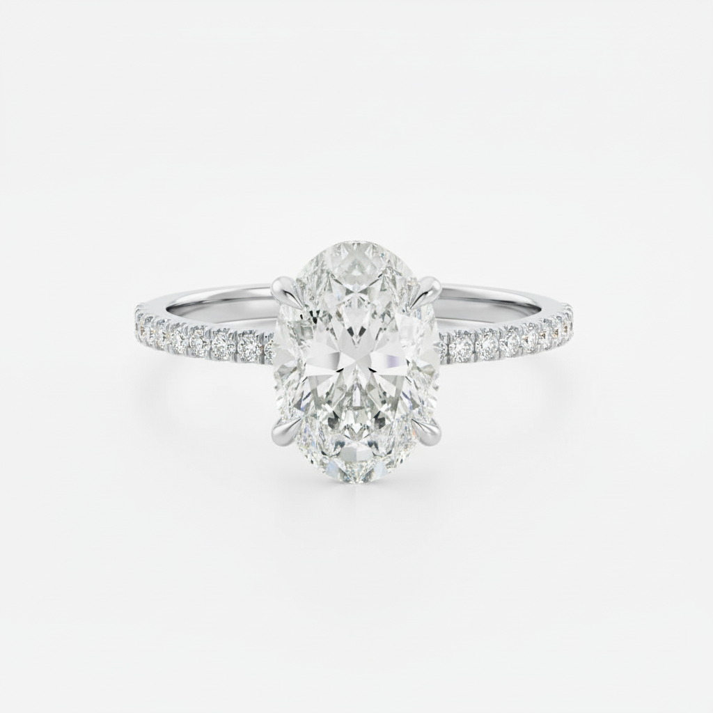 Anel Solitário Moissanite 925 Oval Cravejado, 1ct 2ct 3ct, Prata 925 com Ródio Branco, Moissanite Cor D VVS1 Certificada