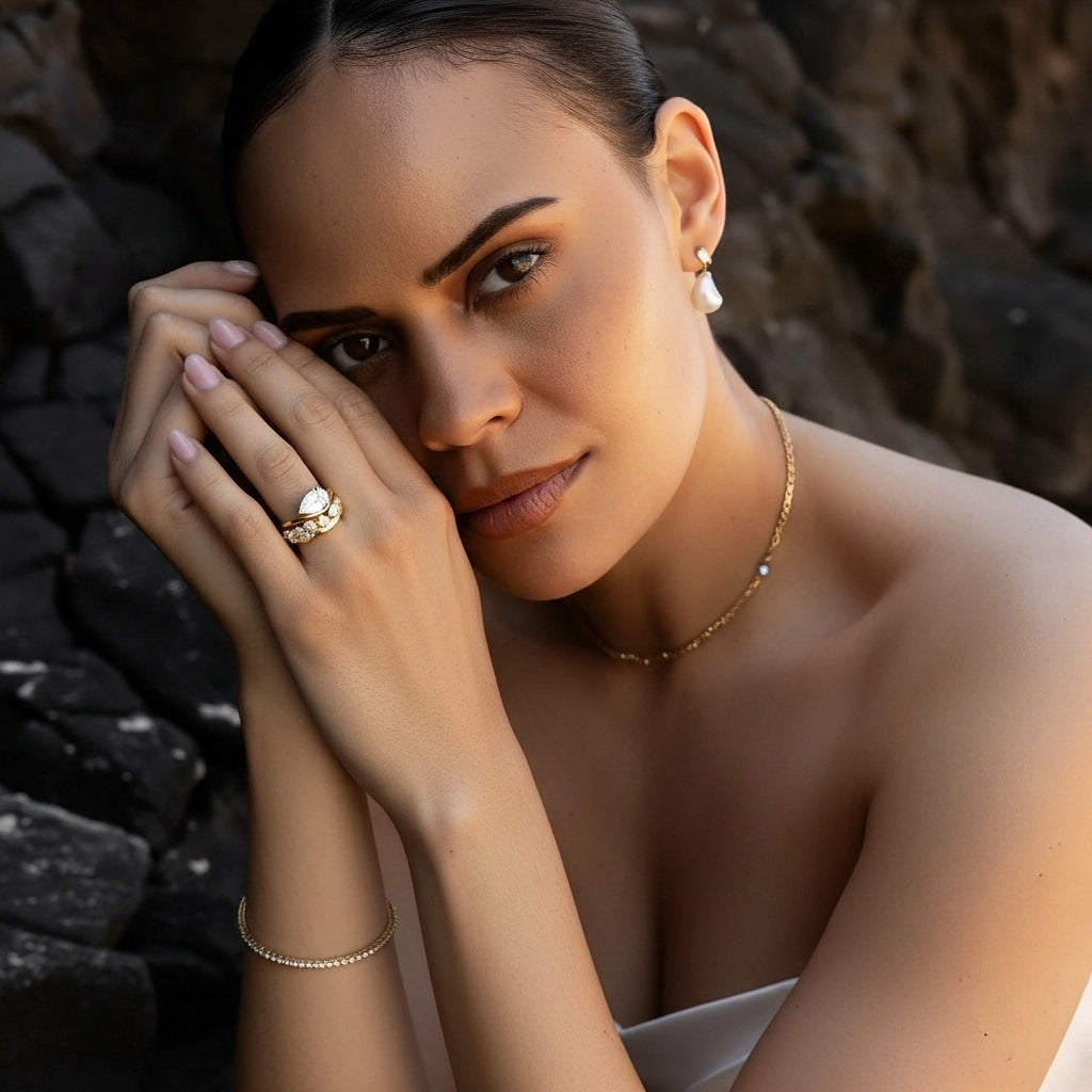 Anel Solitário Moissanite Gota 3ct (7x11mm) em Prata 925 com Banho de Ouro 18k e Moissanite Cor D VVS1 Certificada