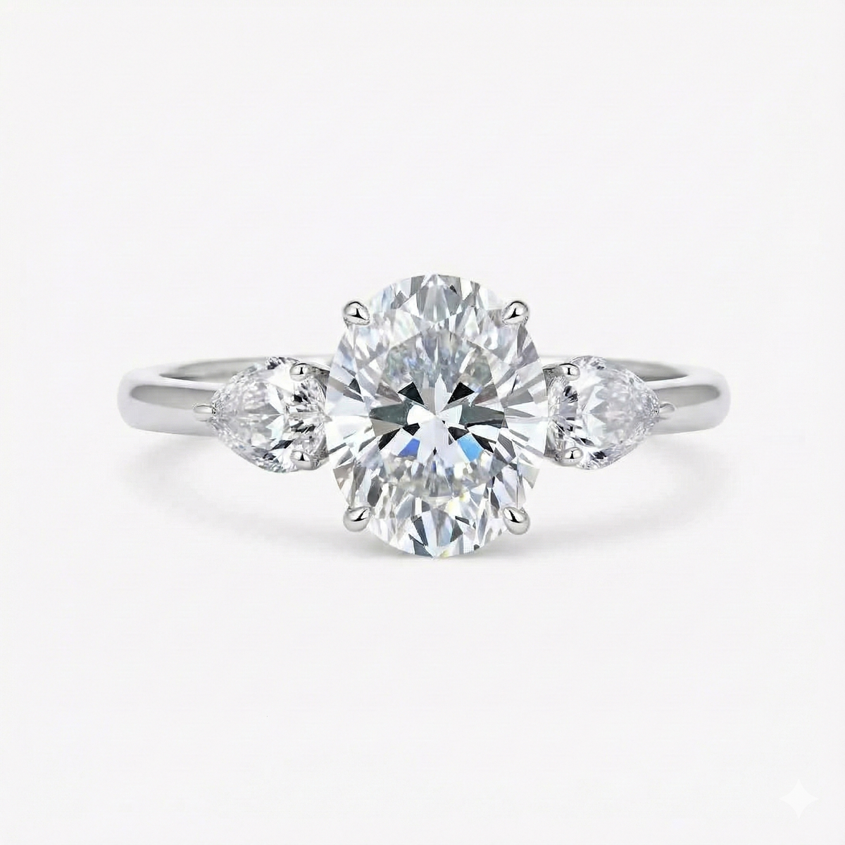 Anel Solitário Moissanite Oval 3 Pedras, Prata 925 com Ródio, 4ct e 8ct, Laterais em Gota, Certificado D VVS1