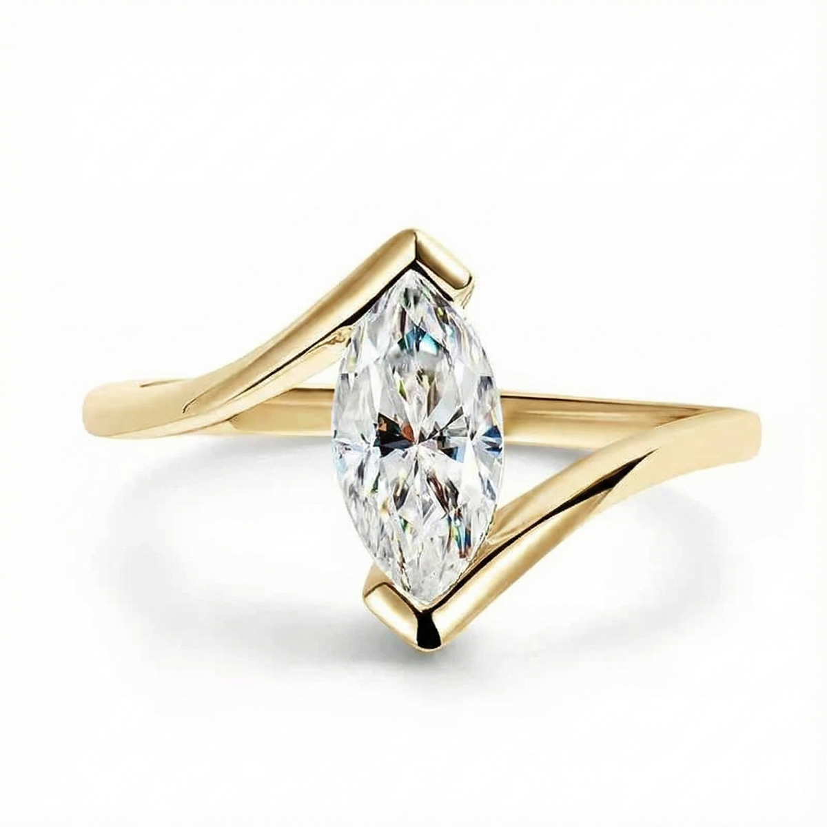Anel Solitário de Moissanite Marquise Navette 1ct em Prata 925 Banhada a Ouro 18k, Design Clássico e Elegante, Moissanite Cor D VVS1 Certificada