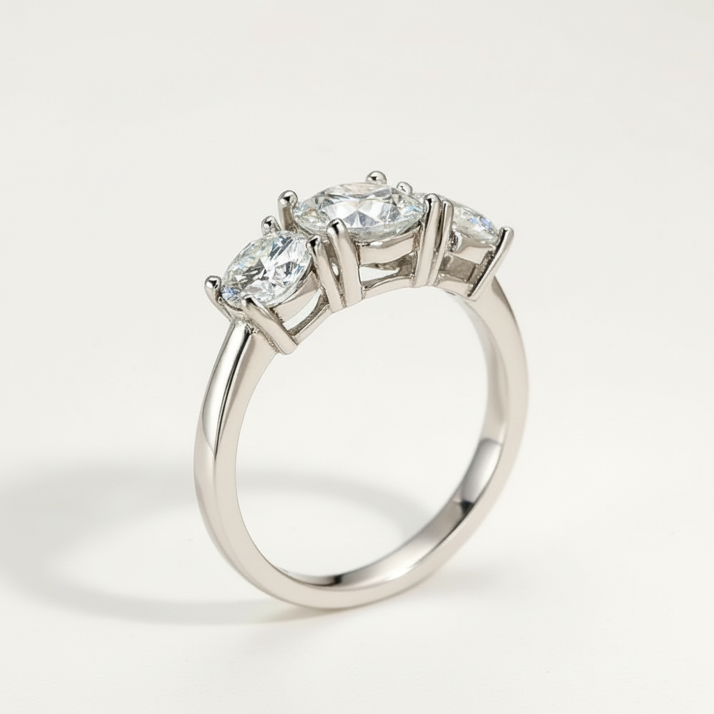 Anel Três Pedras Redondo Brilhante 2–4ct em Moissanite Cor D VVS1 Certificada em Prata 925 — Monlí