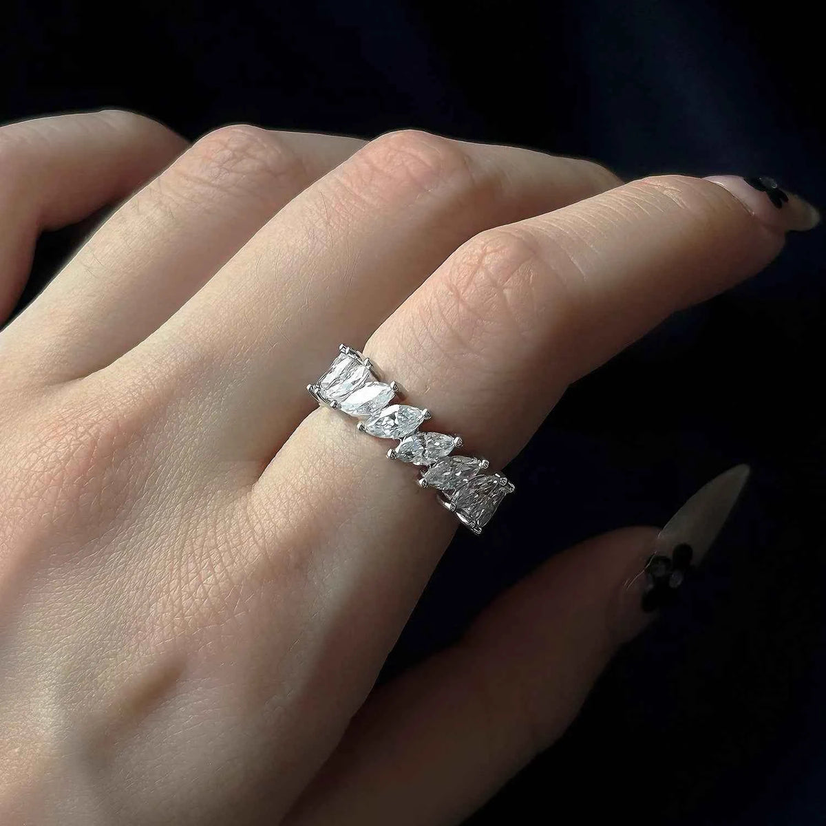 Anel de Moissanite Prata 925 Lapidação Marquise 3×6mm VVS1 Cor D Certificado