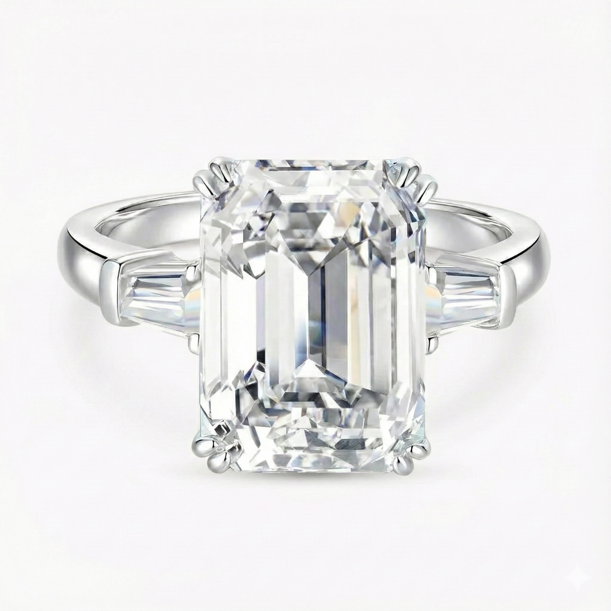 Anel de Moissanite em Prata 925 com Banho de Ouro 14k - Lapidação Emerald 10 Quilates (10×14mm) e Moissanite Cor D VVS1 Certificada