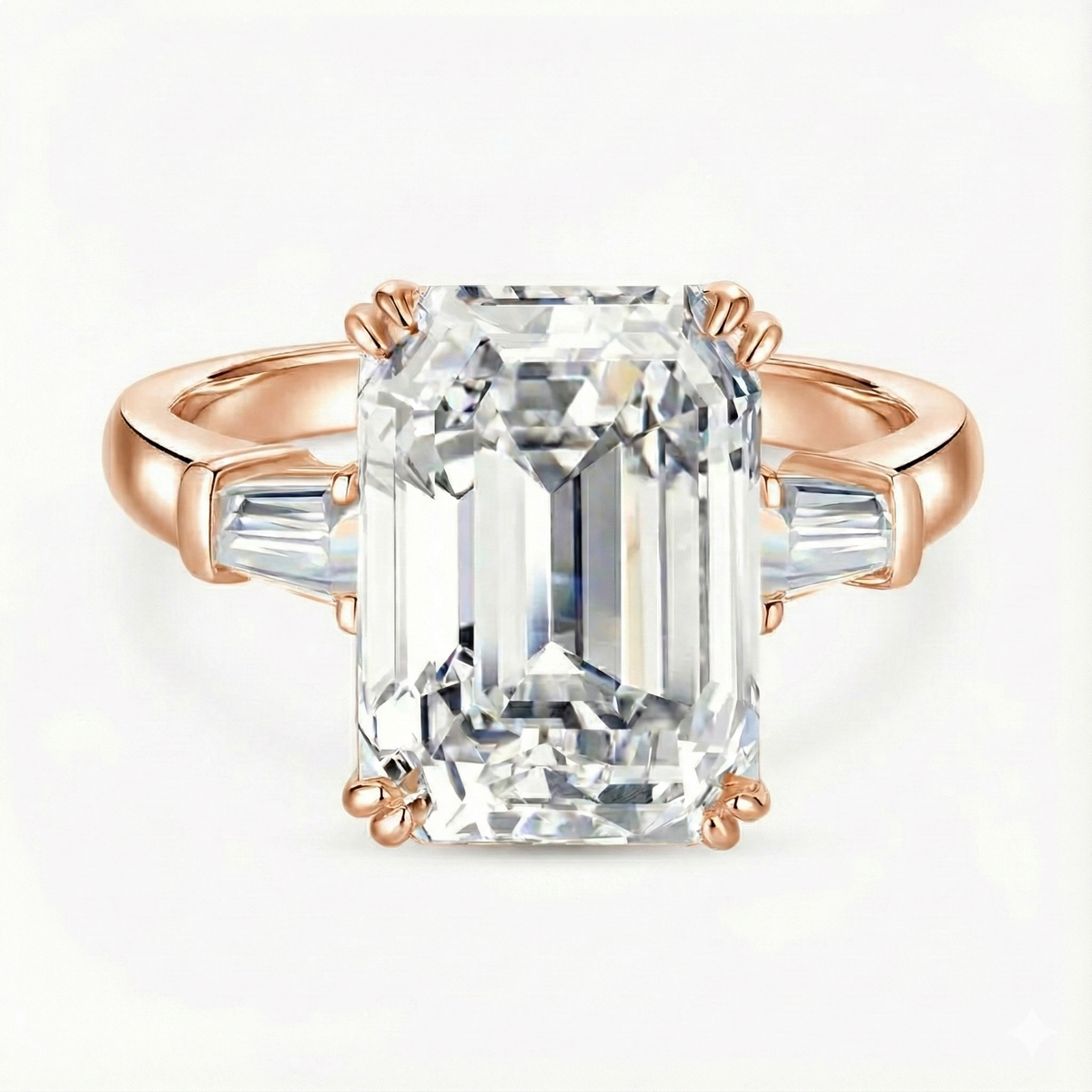 Anel de Moissanite em Prata 925 com Banho de Ouro 14k - Lapidação Emerald 10 Quilates (10×14mm) e Moissanite Cor D VVS1 Certificada