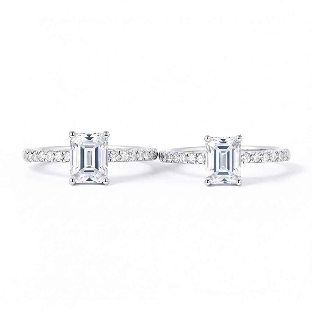 Anel Solitário Moissanite 1ct 2ct Cravejado, Prata 925 com Banho de Ouro Branco 18k, Corte Emerald, Moissanite Cor D VVS1 Certificada