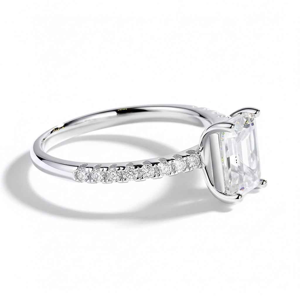 Anel Solitário Moissanite 1ct 2ct Cravejado, Prata 925 com Banho de Ouro Branco 18k, Corte Emerald, Moissanite Cor D VVS1 Certificada