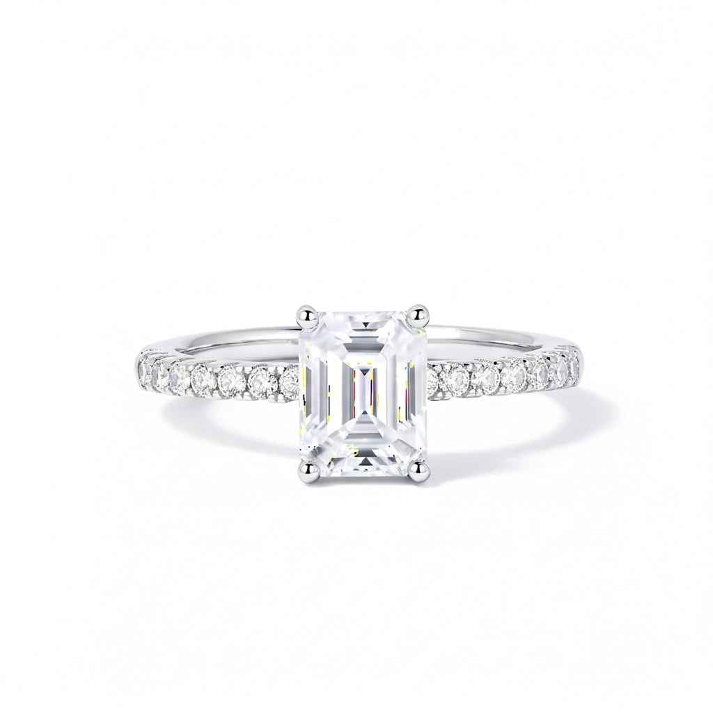 Anel Solitário Moissanite 1ct 2ct Cravejado, Prata 925 com Banho de Ouro Branco 18k, Corte Emerald, Moissanite Cor D VVS1 Certificada