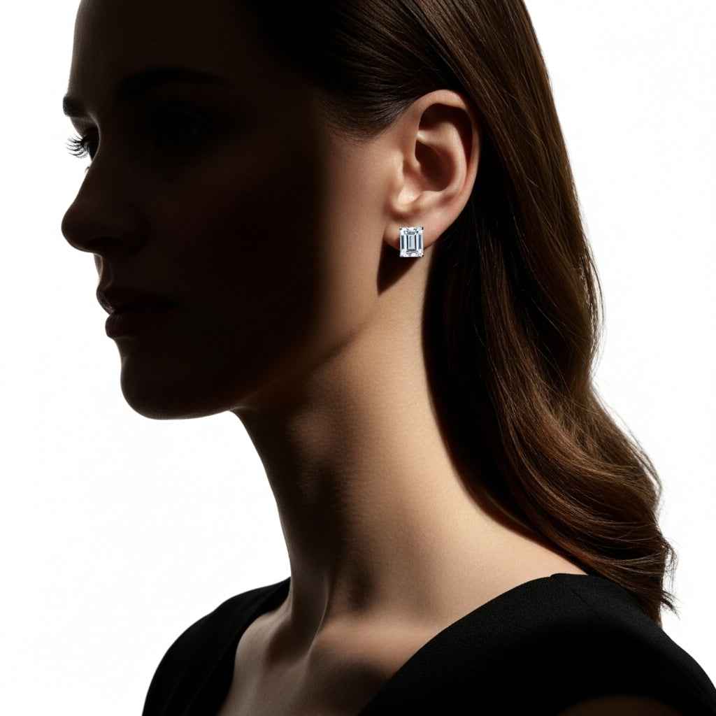 Brinco Moissanite Corte Esmeralda 925 com Banho de Ouro Branco 18k - 0,5ct, 1ct e 2ct, VVS1 Certificado