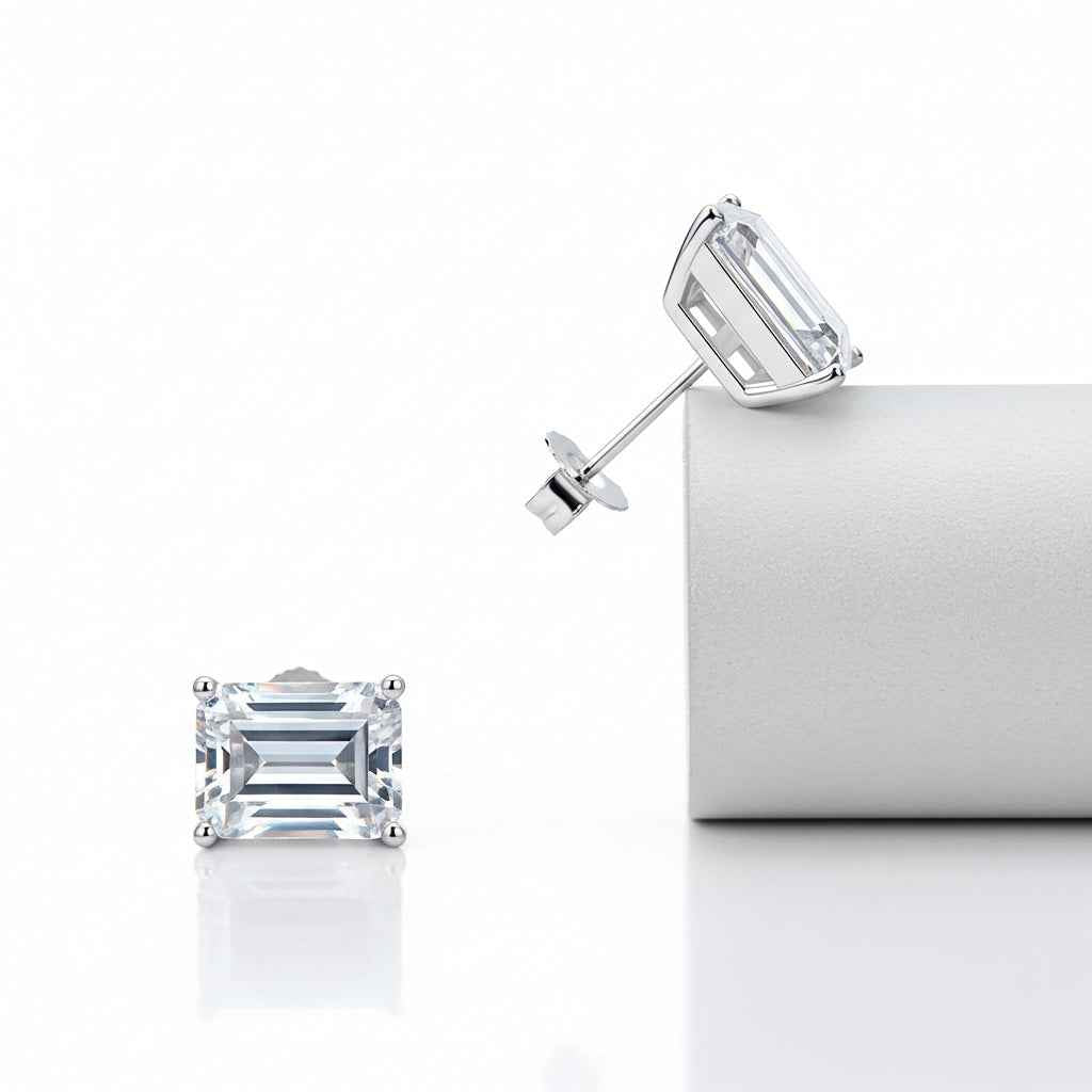 Brinco Moissanite Corte Esmeralda 925 com Banho de Ouro Branco 18k - 0,5ct, 1ct e 2ct, VVS1 Certificado