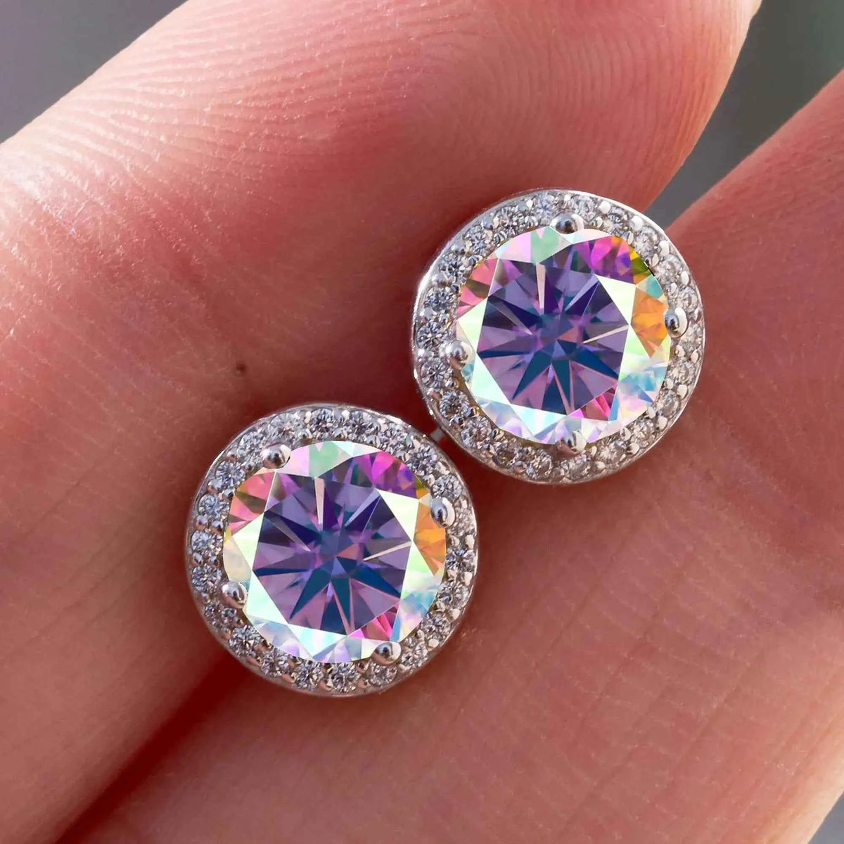 Brincos Halo Redondo de Moissanite Coloridas 1ct em Prata 925, Cor D VVS1 Certificada