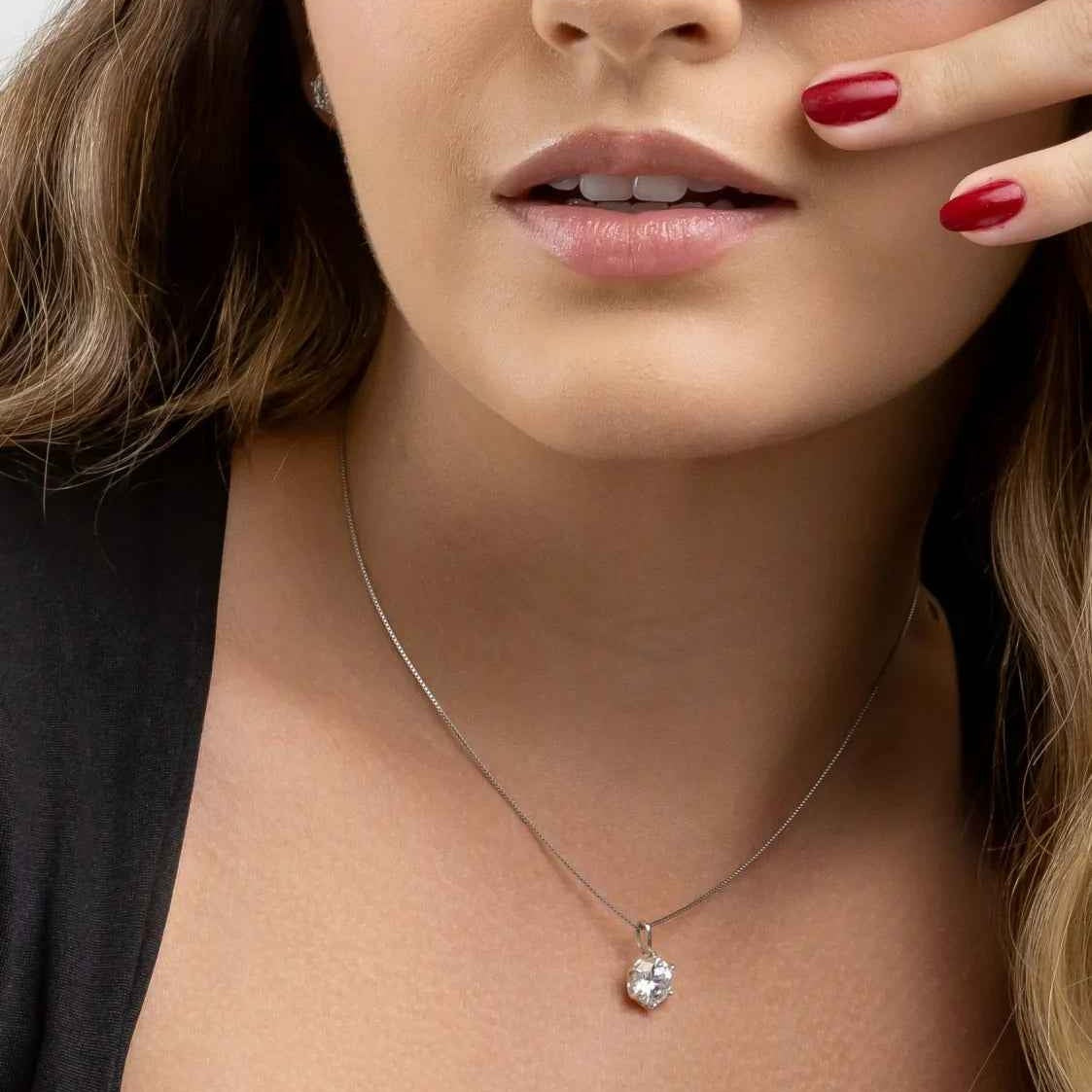 Colar Moissanite 2ct Ponto de Luz Brilhante com 6 Garras, Prata 925 com Ródio, Moissanite Cor D VVS1 Certificada