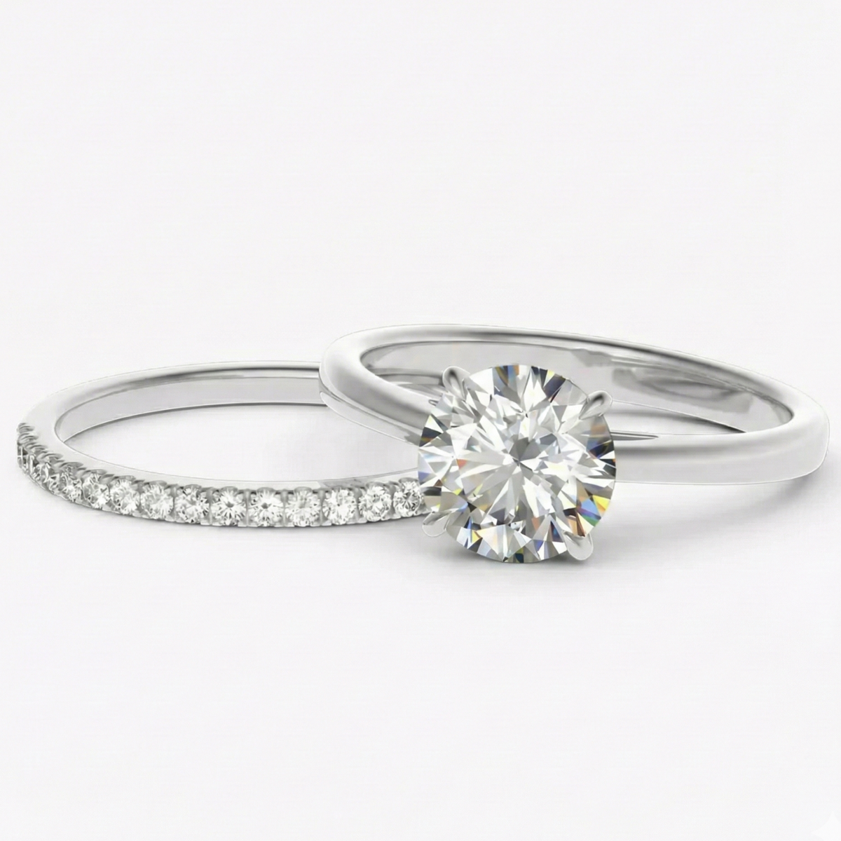 Conjunto de Anéis com Moissanite Solitário Brilhante 2ct em Prata 925, Lapidação Redonda, Moissanite Cor D VVS1 Certificada — Monlí